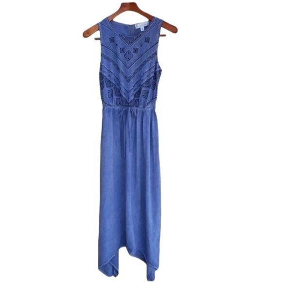 Vtg 90's Kelly Renee Dress Chambray Embroidered Sleeveless SharkBite Maxi Sz S - Picture 2 of 9